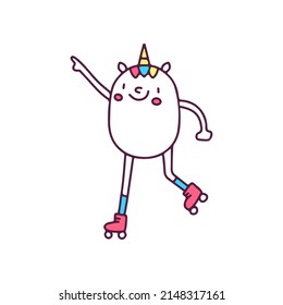 Kawaii unicorn playing roller skate, illustration for t-shirt, street wear, sticker, or apparel merchandise. With doodle, retro, and cartoon style.
