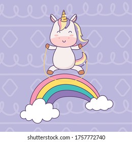 kawaii unicorn playing with rope in rainbow cartoon character magical fantasy vector illustration