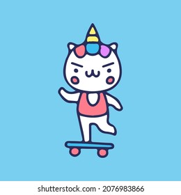 Kawaii unicorn playing a skateboard illustration. Vector graphics for t-shirt prints and other uses.