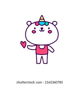 Kawaii unicorn polar bear showing love symbol, illustration for t-shirt, sticker, or apparel merchandise. With doodle, retro, and cartoon style.