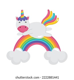 kawaii unicorn and rainbow on white background