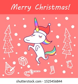 Kawaii unicorn with red hat merry christmas cartoon vector