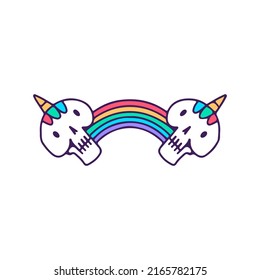 Kawaii unicorn skull with rainbow, illustration for t-shirt, sticker, or apparel merchandise. With doodle, pop art style.