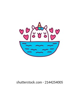 Kawaii unicorn swim on the sea, illustration for t-shirt, sticker, or apparel merchandise. With doodle, retro, and cartoon style.