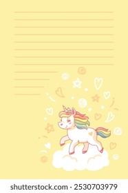 O unicórnio Kawaii está caminhando em uma nuvem com um fundo amarelo para escrever texto, notas, lista ou mensagem. Ilustração vetorial