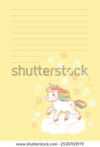 Kawaii unicorn is walking on a cloud with a yellow background for writing text, notes, list or message. Vector illustration