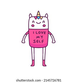 Kawaii unicorn wearing shirt with i love myself typography, illustration for t-shirt, sticker, or apparel merchandise. With doodle, retro, and cartoon style.
