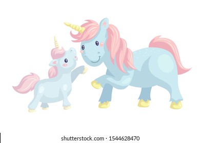 Kawaii unicorns cartoon vector illustration. Cute magical creatures on white background. Fantasy mother and baby ponies greeting card design element. Mythology horses in pastel colors