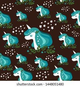 Kawaii Unicorns seamless pattern. Seamless vector pattern with cute unicorns and stars. Perfect for fabric, wallpaper, wrapping paper or nursery decor.