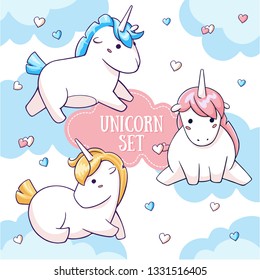 Kawaii unicorns set. Cute cartoon unicorns on sky and hearts background. Doodle little unicorn characters.