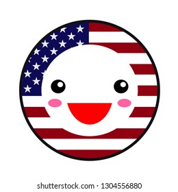 Kawaii USA flag smile. Flat style. Cute cartoon isolated fun design emoticon face. Vector art anime illustration for celebration holiday decoration element. Business card with template icon.