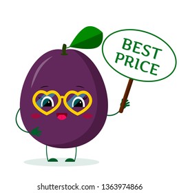 Kawaii ute purple plum cartoon character in yellow heart glasses in the hands of the plate is the best price. Vector illustration, a flat style.