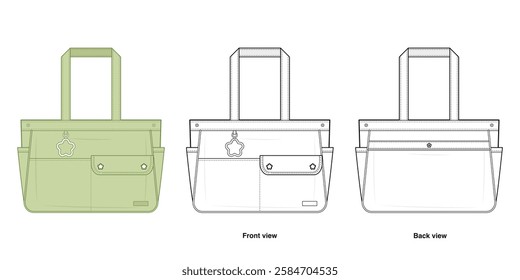 Kawaii Utility Tote Bag Technical Fashion Illustration. Durable Multi-Pocket Shoulder Bag Vector Template. Front and Back View. Chic style. With Star charm Embellishment. Pastel green. CAD Mockup Set.