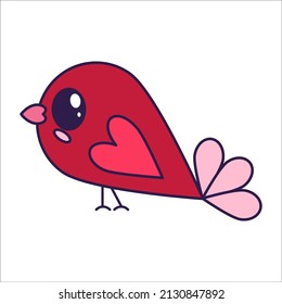 Kawaii Valentine Day icon bird with heart wig. Love symbol in the fashionable pop line art style. The cute bird with a heart is in red, soft pink, and coral color. Vector illustration isolated on