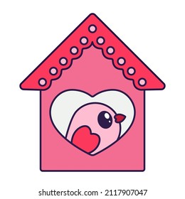 Kawaii Valentine Day icon birdhouse with a bird. Love symbol in the fashionable pop line art style. The cute bird with heart is in soft pink, red, and coral color. Vector illustration isolated on