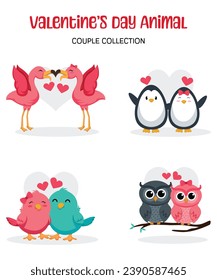 Colección de Pareja Animal del Día de San Valentín de Kawaii de Lechuza Pingüino y Ave Flamingo