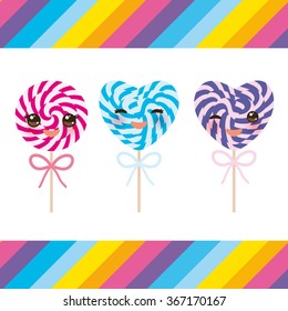 Kawaii Valentine's Day Heart shaped candy lollipops with bow, colorful spiral candy cane with bright rainbow stripes. on stick with twisted design on white background with rainbow stripes. Vector