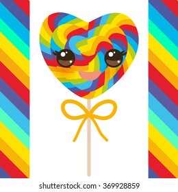 Kawaii Valentine's Day Heart shaped candy lollipops with bow, colorful spiral candy cane with bright rainbow stripes. on stick with twisted design on white background with rainbow stripes. Vector