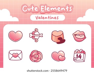 Kawaii valentine's day love heart cute elements collection