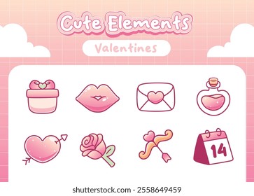 Kawaii valentine's day pink love heart cute elements collection