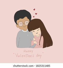 Kawaii Valentine'S Day.Lovely lovers girl and boy standing with smiling face on pink pastel background.Cute cartoon a couple hugging together with red heart.Vector illustration Romantic Greeting card.