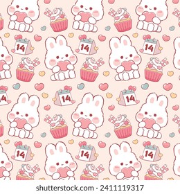 Kawaii valentines with romantic items seamless pattern