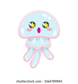 Kawaii vector blue jellyfish, japanese and korean cute style animal emoji with amazed big eyes with stars of exitement, isolated on white
