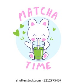 Kawaii vector bunny with matcha tea cup. Cute little rabbit and japanese green matcha tea. Inscription matcha time.