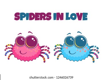 Kawaii vector cartoon characters. Cute boy and girl spiders with big anime eyes and smiling faces. Perfect cartoon spiders for Halloween, kids design. Blue and pink cartoon tarantula 