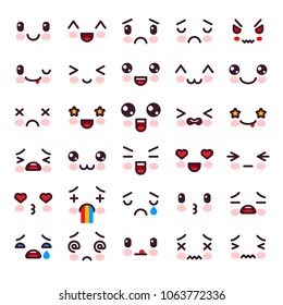 Caricatura vectorial kawaii personaje emoticono con diferentes emociones y expresión facial ilustración emotiva conjunto de emojis japoneses con diferentes sentimientos emotivos aislados en fondo blanco