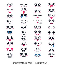 Kawaii vector cartoon emoticon character with different emotions and face expression collection illustration emotional set of japanese emoji and emotive feelings isolated on white background