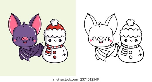 Kawaii Vector Christmas Bat Illustration and For Coloring Page. Funny Kawaii Xmas Animal. Funny Vector Illustration of a Kawaii Animal for Christmas Stickers. 