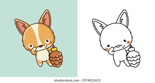 Kawaii Vector Christmas Corgi Dog Illustration and For Coloring Page. Funny Kawaii Xmas Doggy. Funny Vector Illustration of a Kawaii Pet for Christmas Stickers. 