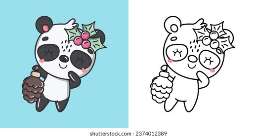 Kawaii Vector Christmas Panda Illustration and For Coloring Page. Funny Kawaii Xmas Bear. Funny Vector Illustration of a Kawaii Animal for Christmas Stickers. 