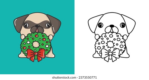 Kawaii Vector Christmas Pug Dog Illustration and For Coloring Page. Funny Kawaii Xmas Puppy. Funny Vector Illustration of a Kawaii Pug for Christmas Stickers. 