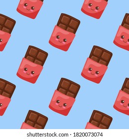 Kawaii vector Dark Chocolate cartoon characters. Summer illustration in cute cartoon style designed in seamless pattern on light blue background. Adorable confectionery menu design, t-shirt print.