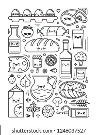 Kawaii vector flat doodle illustration cute characters set icon farm food, drink, products. Isolated on white. EPS 10