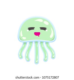 Kawaii vector green jellyfish, japanese and korean cute chibi style animal emoji with sleepy eyes and hungry mouth with dropping saliva, isolated on white