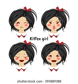 Kawaii vector icon set. Black-haired baby girl with different funny, cute emotions, smiles. Happy, angry, grumpy, sly, sweet face, ponytails. Isolated on white background