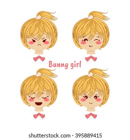 Kawaii vector icon set. Blonde baby girl with different funny, cute emotions, smiles. Happy, angry, grumpy, sly, sweet face, ponytails. Isolated on white background