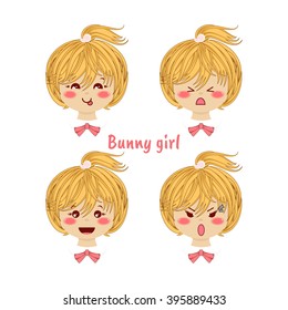 Kawaii vector icon set. Blonde baby girl with different funny, cute emotions, smiles. Happy, angry, grumpy, sly, sweet face, ponytails. Isolated on white background