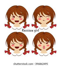 Kawaii vector icon set. Brown-haired baby girl with different funny, cute emotions, smiles. Happy, angry, grumpy, sly, sweet face, ponytails. Isolated on white background