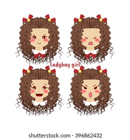 Kawaii vector icon set. Curly baby girl with different funny, cute emotions, smiles. Happy, angry, grumpy, sly, sweet face, ponytails. Isolated on white background