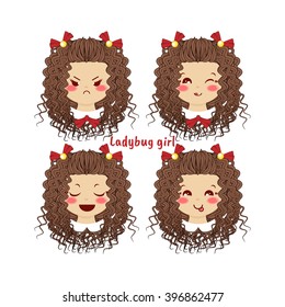 Kawaii vector icon set. Curly baby girl with different funny, cute emotions, smiles. Happy, angry, grumpy, sly, sweet face, ponytails. Isolated on white background