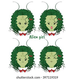Kawaii vector icon set. Curly alien girl with different funny, cute emotions, smiles. Happy, angry, grumpy, sly, sweet face, ponytails. Isolated on white background