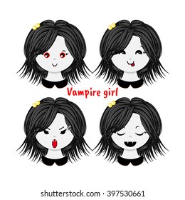 Kawaii vector icon set. Curly vampire girl with different funny, cute emotions, smiles. Happy, angry, grumpy, sly, sweet face, ponytails. Isolated on white background