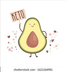Kawaii vector illustration of a blinking avocado with a Keto plate. Smiling fruit character in the flat style with doodle elements around. Lovely card, poster, print design on white background.