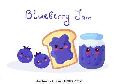 Kawaii vector illustration with blueberry Toast, Berries & Jam Jar isolated on white background. Funny smiling sweet food characters. Cute children menu concept, idea for print, cafe, card, poster.