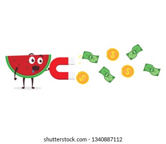 Kawaii vector illustration character cartoon cute watermelon mascot attracting coin gold and green money dollar with red large magnet in white background modern flat design brand