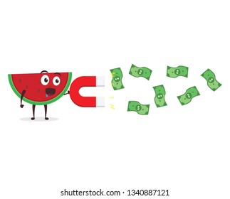 Kawaii vector illustration character cartoon cute watermelon mascot attracting coin gold and green money dollar with red large magnet in white background modern flat design brand